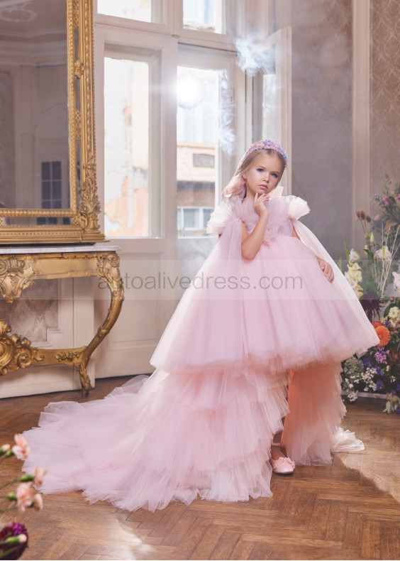 Pink Tulle Flower Girl Dress With Detachable Train